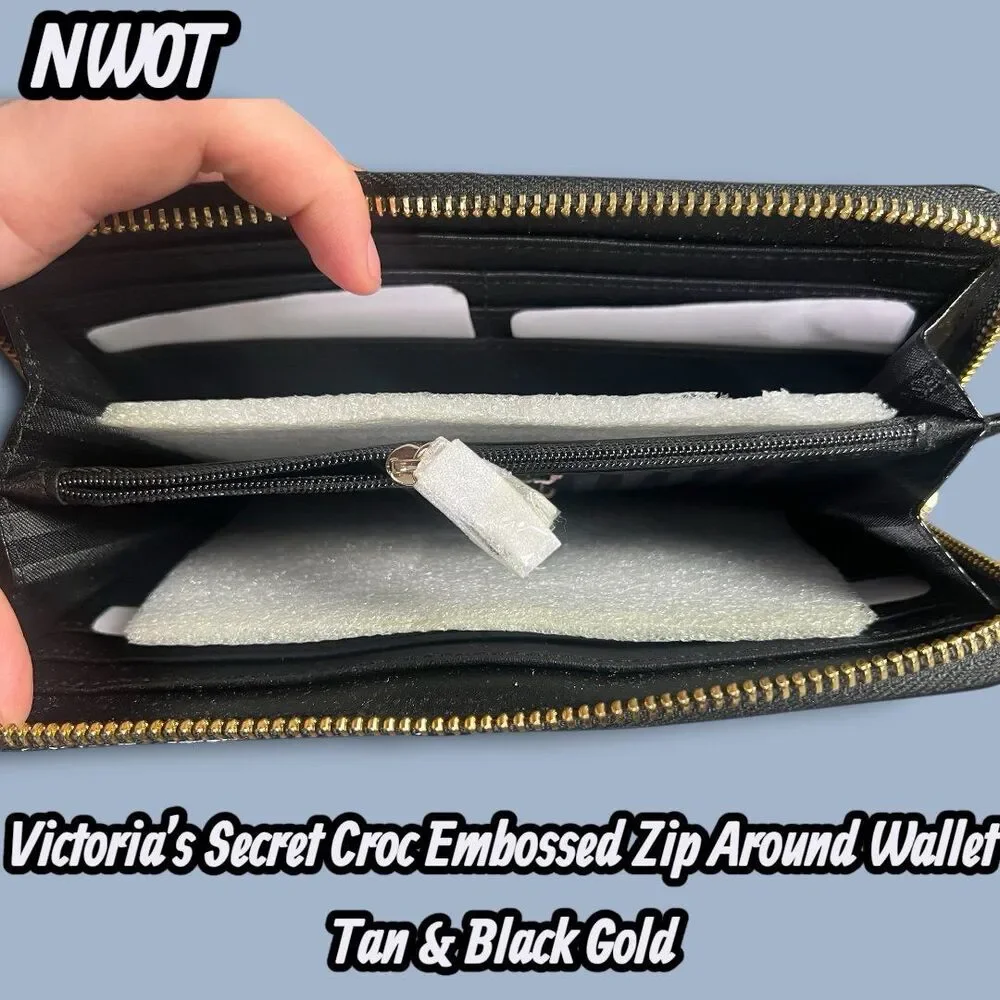 NWOT Victoria’s Secret Croc Embossed Colorblock Zip Around Wallet Tan & Black Go - Picture 2 of 5